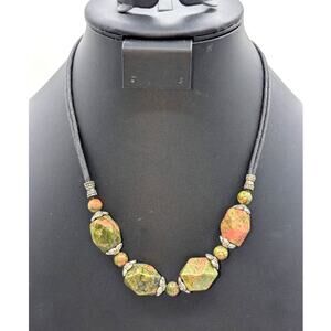 Vintage Unakite Stone & Silver Tone Black Double Corded 18"-19.75" Necklace